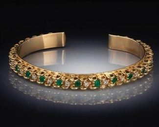Ladies Gold, Emerald and Diamond Cuff Bracelet 