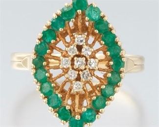 Ladies Gold, Emerald and Diamond Navette Ring 