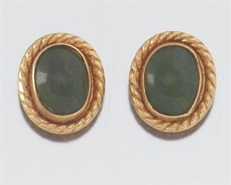 Ladies Pair of Gold and Spinach Green Nephrite Jade Studs 