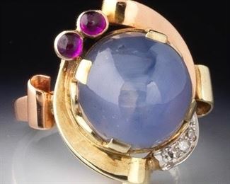 Ladies Retro Gold, Star Blue Sapphire, Ruby and Diamond Ring 
