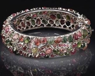 Ladies Sterling Silver and Multi Pastel Color Gemstone Bangle 
