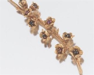 Ladies Vintage Gold, Blue Sapphire and Ruby Floral Branch Pin Brooch 