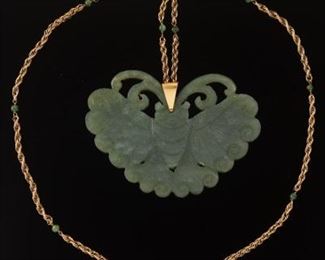 Ladies Vintage Gold, Green Quartz Chained and Oversized Carved Celadon Jade Butterfly Pendant 