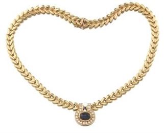 Ladies Vintage Gold, Natural Blue Sapphire and Diamond Necklace 
