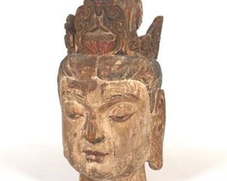 Large Carved and Painted Wood Buddha Head