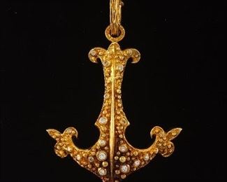 Large Gold and Diamond Anchor Pendant Brooch, Signed 