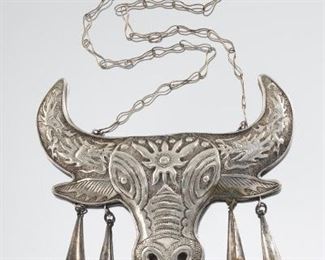 Large Tribal Silver Necklace of a Bull with Bells 