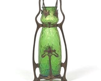 Loetz Glass Art Nouveau Large Metal Mounted Vase, ca. Late 19thEarly 20th Century 