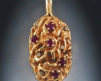 MidCentury Modern Nugget Gold, Ruby, and Diamond Pendant 