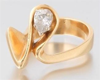 Modernist Gold and Pear Diamond Ring, Signed J. Penfil 