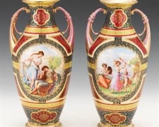 Pair of Austrian Bejeweled Painted Vases