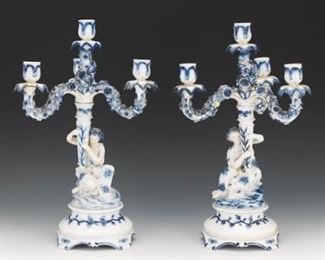 Pair of Blue and White Candelabra, ca. 19th Century 