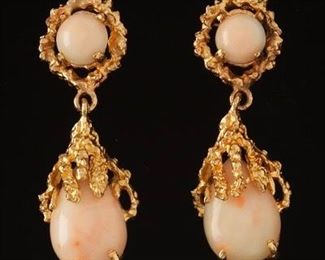Pair of Gold and Angel Skin Coral Pendant Earrings 