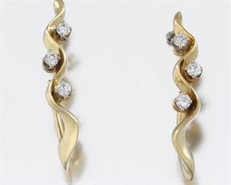 Pair of Gold and Diamond Wave Earrings 