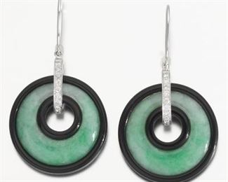 Pair of Jadeite, Onyx and Diamond Earrings by Eli Frei