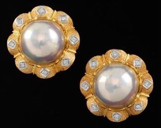 Pair of Oversized Mabe Pearl and Diamond Earrings 
