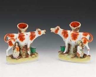 Pair of Staffordshire Flatback Cow and Milkmaid Spill Vases