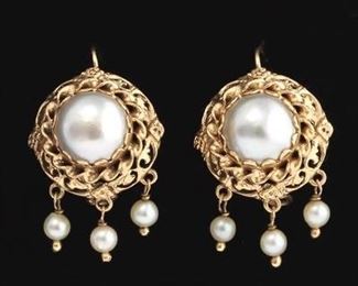 Pair of Victorian Style Gold and Pearl Earrings