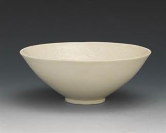 Porcelain Bowl with Molded Designs of Leaves and Flowers 