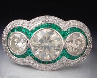 Platinum, Three Diamond and Emerald Ring 