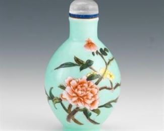 Rare Chinese Enamelled Carved Porcelain, Rock Crystal and Lapis Lazuli Snuff Bottle, Jiaqing Marks 