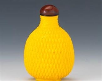 Rare Chinese Imperial Yellow Cased Peking Glass and Carnelian Snuff Bottle, Qing Dynasty, ca. 19th Century 