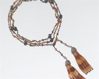 Tassel Lariat Necklace with Citrine, Brown Diamonds, Pearls, in Oxidised Silver 