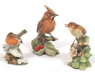 Three Giuseppi Tagliariol Porcelain Bird Figurines, Bohemian Wax Wing, House Finch and Nightingale, Tay Collection, Italy