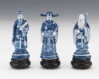 Three Chinese Porcelain Lucky Gods Fu, Lu and Shou, on Porcelain Stands 