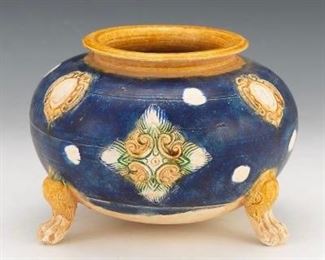 Tung Style Pottery Vase in Blue and Green Enameling 
