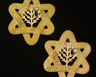 Two 1901 Jewish National Fund Gold, Diamond and Blue Sapphire Tree of Life Mogen David Badges 