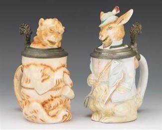 Two German Porcelain and Pewter Figural Steins, Herr Monkey Philosopher and Herr Rabbit the Hunter
