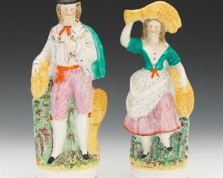 Two Staffordshire Flatback Figures of Man and Woman with Wheat Harvest