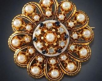Victorian Style, Enamel, Pearl and Diamond Starburst Brooch 