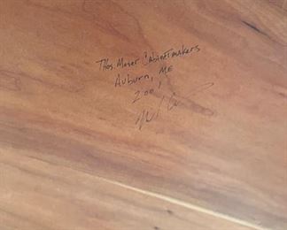 Thomas Moser cherry dining set with Knoll loden green mohair upholstered seats.  Each piece of this dining set is signed and dated 2001.  There are two 22” leaves with individual carrying cases and six arm chairs.  Table without leaves is a 52” square