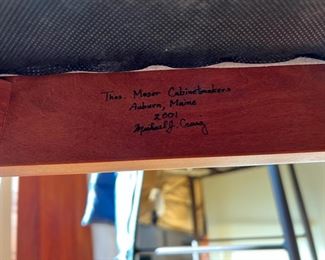 Thomas Moser cherry dining set with Knoll loden green mohair upholstered seats.  Each piece of this dining set is signed and dated 2001.  There are two 22” leaves with individual carrying cases and six arm chairs.  Table without leaves is a 52” square