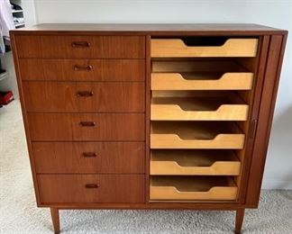 Incredible Danish Modern Gentleman’s Chest by Falster with Tambour Door.  48”W x 46”T x 17 3/4”D