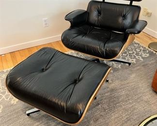 Early Charlton Company Brazilian Rosewood & Black Leather Eames Style 670 Lounge Chair & Ottoman.  This model is said to be the closest reproduction to the Classic Herman Miller Eames Lounger