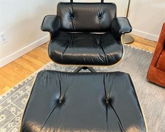 Early Charlton Company Brazilian Rosewood & Black Leather Eames Style 670 Lounge Chair & Ottoman.  This model is said to be the closest reproduction to the Classic Herman Miller Eames Lounger