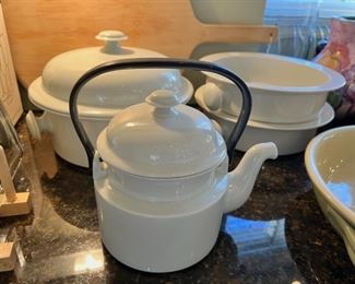 Dansk covered casserole, handled serving bowls and tea pot
