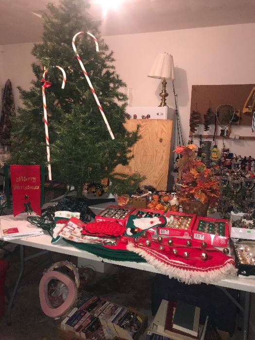 Artificial Christmas tree, books, tree skirts, ornaments
