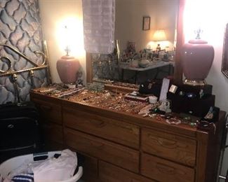 Long mirror dresser, costume jewelry