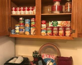 Food, pans, cookie sheets, kitchen utensils