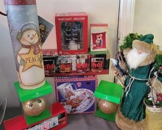 Christmas lot 9 pieces including 13 inch Standing Santa and Raggedy Ann and Andy Hallmark ornament 
