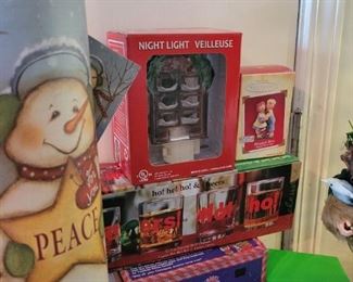 Christmas lot 9 pieces including 13 inch Standing Santa and Raggedy Ann and Andy Hallmark ornament 