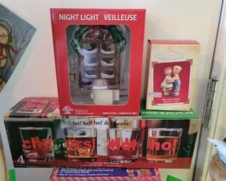 Christmas lot 9 pieces including 13 inch Standing Santa and Raggedy Ann and Andy Hallmark ornament 