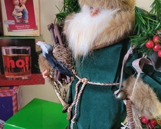 Christmas lot 9 pieces including 13 inch Standing Santa and Raggedy Ann and Andy Hallmark ornament 