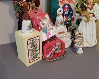 Christmas lot including Standing Angels and Coca-Cola tin and Disney stickers, bells 9 pieces