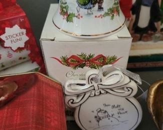 Christmas lot including Standing Angels and Coca-Cola tin and Disney stickers,bells