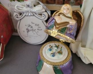 Christmas lot including Standing Angels and Coca-Cola tin and Disney stickers,bells